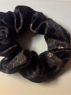 Black Hexagon Print Satin Scrunchie